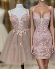 Cute tulle pink lace short prom Dresses, cute lace homecoming Dresses