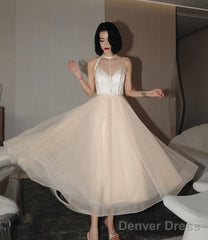 Cute Tulle See Through Short Prom Dress Champagne Evening Dress