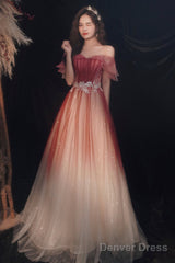 Cute Tulle Sequins Long Prom Dresses, A-Line Ombre Evening Dresses