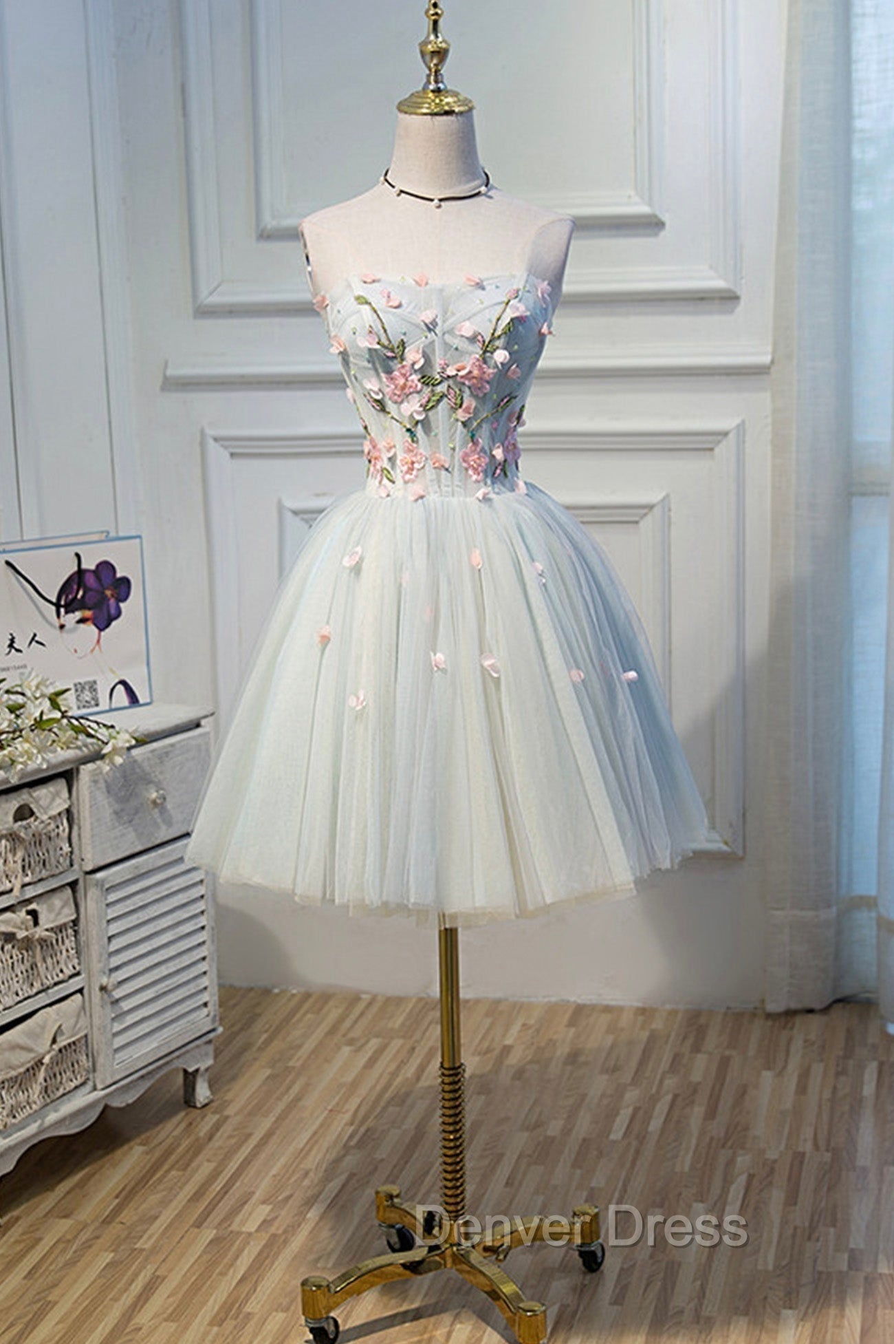 Cute Tulle Short Prom Dress with Lace, A Line Homecoming Prom Dresses