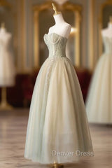 Cute Tulle Tea Length Prom Dresses, Green A-Line Strapless Evening Party Dresses