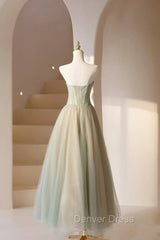 Cute Tulle Tea Length Prom Dresses, Green A-Line Strapless Evening Party Dresses