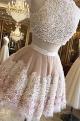 Cute Two Pieces Applique Short Prom Dresses, Homecoming Dresses