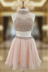 Cute Two Pieces Sequin Short Prom Dresses, Cute Pink Homecoming Dresses