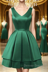 Cute V Neck and V Back Layered Green Short Prom Dresses, Short Green Homecoming Dresses, Green Formal Evening Dresses