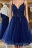 Cute V Neck Backless Blue Lace Short Prom Dress, Blue Lace Homecoming Dress, Blue Prom Dresses