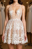 Cute V Neck Backless Pink Lace Appliques Short Prom Dress, Pink Lace Prom Graduation Homecoming Dresses