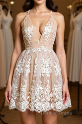 Cute V Neck Backless Pink Lace Appliques Short Prom Dresses, Pink Lace Formal Graduation Homecoming Dresses