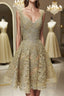 Cute V Neck Golden Lace Short Prom Dresses, Golden Lace Homecoming Dresses, Golden Formal Evening Dresses