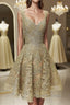 Cute V Neck Golden Lace Short Prom Dress, Golden Lace Homecoming Dress, Golden Prom Dresses
