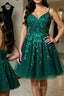 Cute V Neck Green Lace Short Prom Homecoming Dress, Green Lace Prom Dress, Green Prom Dresses