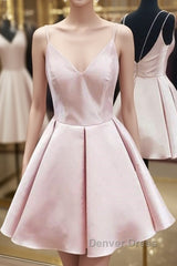 Cute V Neck Open Back Pink Short Prom Dresses, Backless Pink Homecoming Dresses, Short Pink Formal Evening Dresses