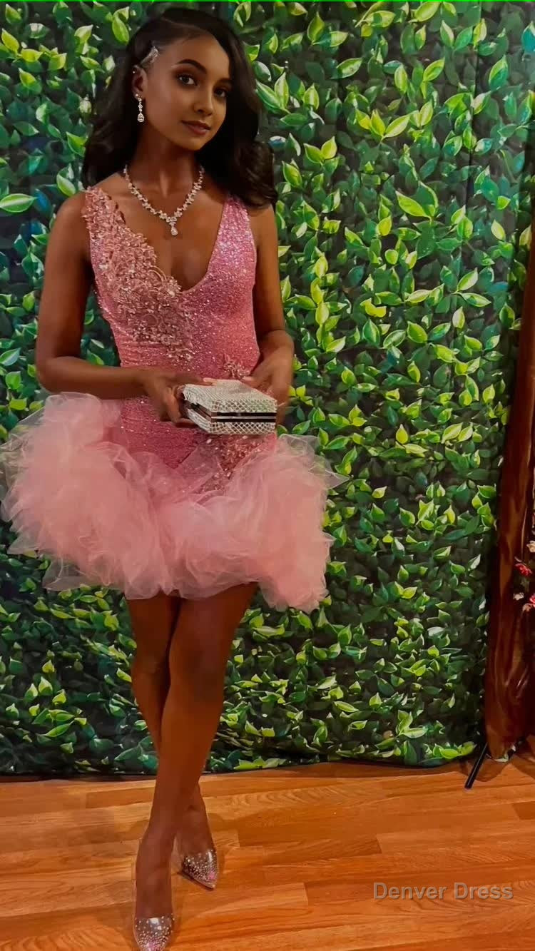 Cute V Neck Pink Short Homecoming Dress and Bottom Tulle Ruffles,Pink Denver Dress Cute V Neck Pink Short Homecoming Dress and Bottom Tulle Ruffles,Pink Denver Dress