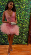Cute V Neck Pink Short Homecoming Dress and Bottom Tulle Ruffles,Pink Birthday Outfit Dresses