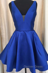 Cute V Neck Satin Short Prom Dresses, V Neck Homecoming Dresses, Formal Evening Dresses