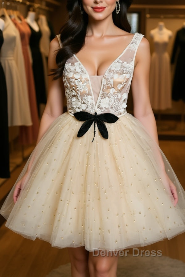 Cute V Neck Short Champagne Lace Prom Dress with Beading, Short Champa