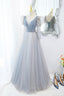 Cute V Neck Tulle Long Prom Dress with Beaded, A Line Long Sleeve Prom Dresses