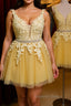 Cute V Neck Yellow Lace Short Prom Dress with Belt, Yellow Lace Homecoming Dress, Short Yellow Prom Dresses