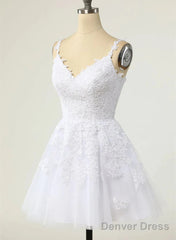 Cute V-Neckline White Tulle With Lace Graduation Dress, White Short Party Dress