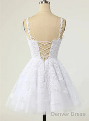 Cute V-Neckline White Tulle With Lace Graduation Dress, White Short Party Dress