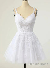 Cute V-Neckline White Tulle With Lace Graduation Dress, White Short Party Dress