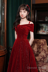 Cute Velvet Short A-Line Prom Dress, Burgundy Off The Shoulder Party Dress