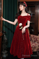 Cute Velvet Short A-Line Prom Dress, Burgundy Off The Shoulder Party Dress