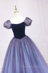 Cute Velvet Tulle Long Prom Dresses, A-Line Short Sleeve Graduation Dresses