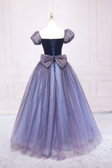 Cute Velvet Tulle Long Prom Dresses, A-Line Short Sleeve Graduation Dresses