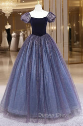Cute Velvet Tulle Long Prom Dresses, A-Line Short Sleeve Graduation Dresses