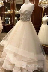 Cute White Tulle Long Prom Dresses, White Formal Dresses
