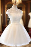 Cute White Tulle Short Lace Cap Sleeves Prom Dress, White Homecoming Dresses
