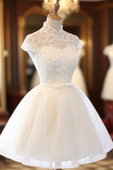 Cute White Tulle Short Lace Cap Sleeves Party Dresses, White Homecoming Dresses