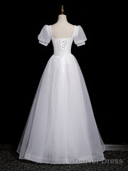 Cute White Tulle Short Sleeves Beaded Party Dress, A-Line White Tulle Formal Dress