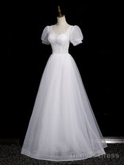 Cute White Tulle Short Sleeves Beaded Party Dress, A-Line White Tulle Formal Dress