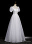 Cute White Tulle Short Sleeves Beaded Prom Dress, A Line White Tulle Prom Dresses