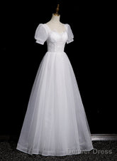 Cute White Tulle Short Sleeves Beaded Party Dress, A-Line White Tulle Formal Dress