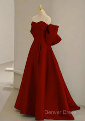 Cute Wine Red Satin Off Shoulder Long Party Dresses With Bow, Wine Red Prom Dresses