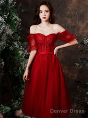 Cute Wine Red Tulle With Lace Tea Length Formal Dress, Wine Red Evening Dresses