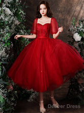 Cute Wine Red Tulle With Lace Tea Length Formal Dress, Wine Red Evening Dresses