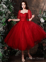 Cute Wine Red Tulle With Lace Tea Length Formal Dress, Wine Red Evening Dresses