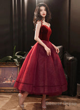 Cute Wine Red Velvet And Tulle Homecoming Dress, Wine Red Straps Party Dress