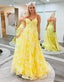 Cute Yellow A Line Spaghetti Straps Long Prom Dresses With Appliques