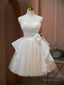 Champagne Spaghetti Strap Tulle Prom Dress, Cute Knee Length Prom Dresses