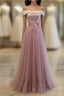 Pink A Line Off Shoulder Floor Length Prom Dress, Lace Prom Dresses