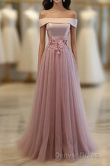 Pink A Line Off Shoulder Floor Length Prom Dresses, Lace Evening Dresses