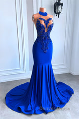 Royal Blue High Neck Sleeveless Mermaid Prom Dresses with Beadings