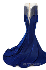 Deep V-neck Shiny Royal Blue Long sleeves Mermaid Prom Dresses