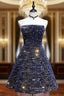 Dark Blue A Line Sequin Lace Short Prom Dress, Blue Homecoming Dresses