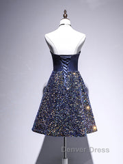 Dark Blue A-Line Sequin Lace Short Prom Dresses, Cute Blue Homecoming Dresses
